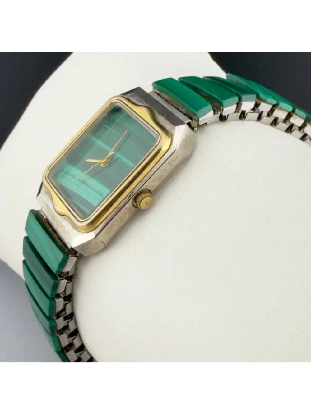 Vintage Malachite Green Stone Stretch Bracelet Watch Rectangle New Battery Works